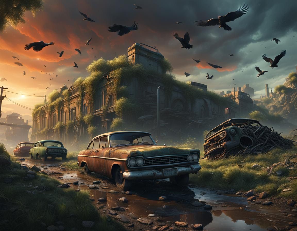 Post-Apocalyptic Highway Scene with Child and Crows