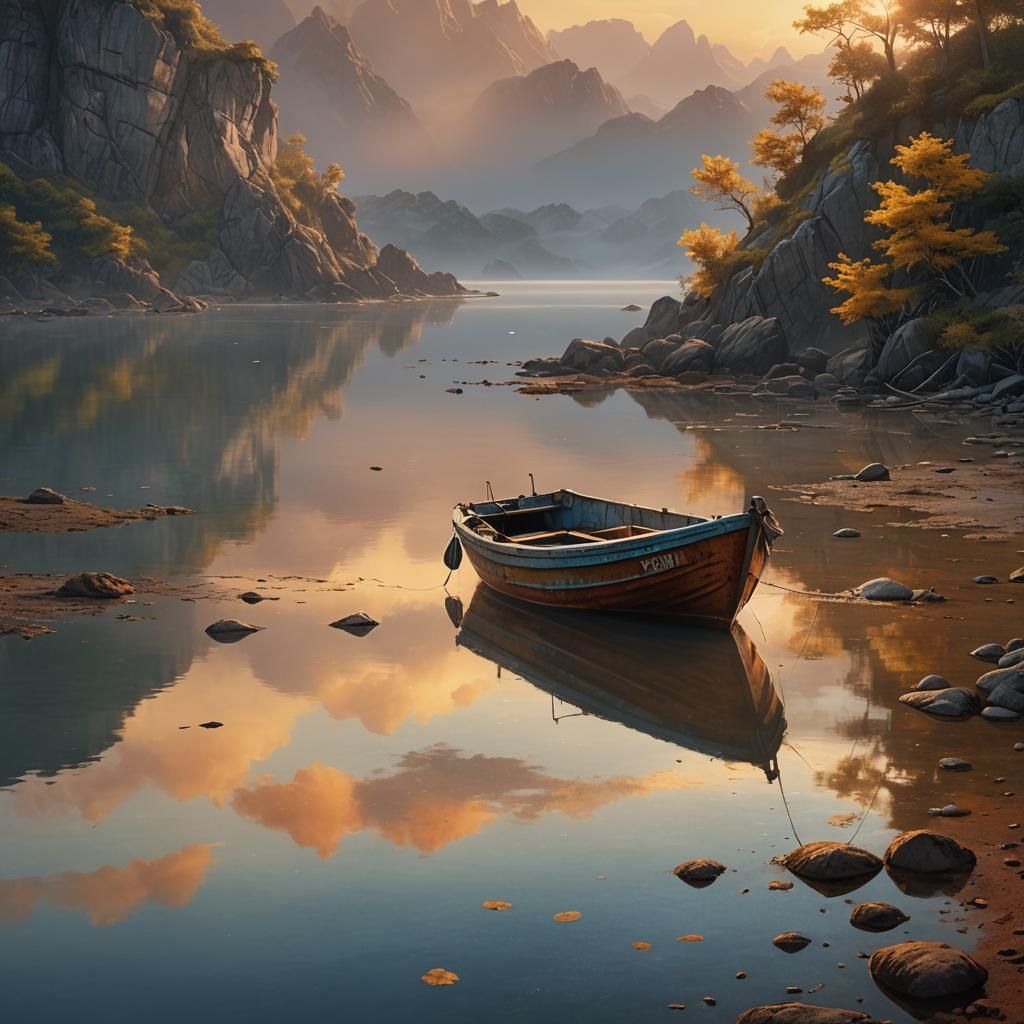 Fishing Boat on Lagoon at Sunset in Matte Painting