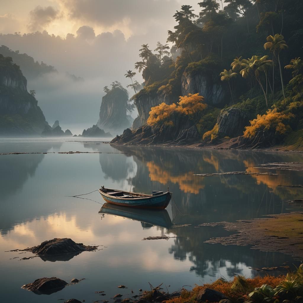 Lonely Fishing Boat on Serene Lagoon