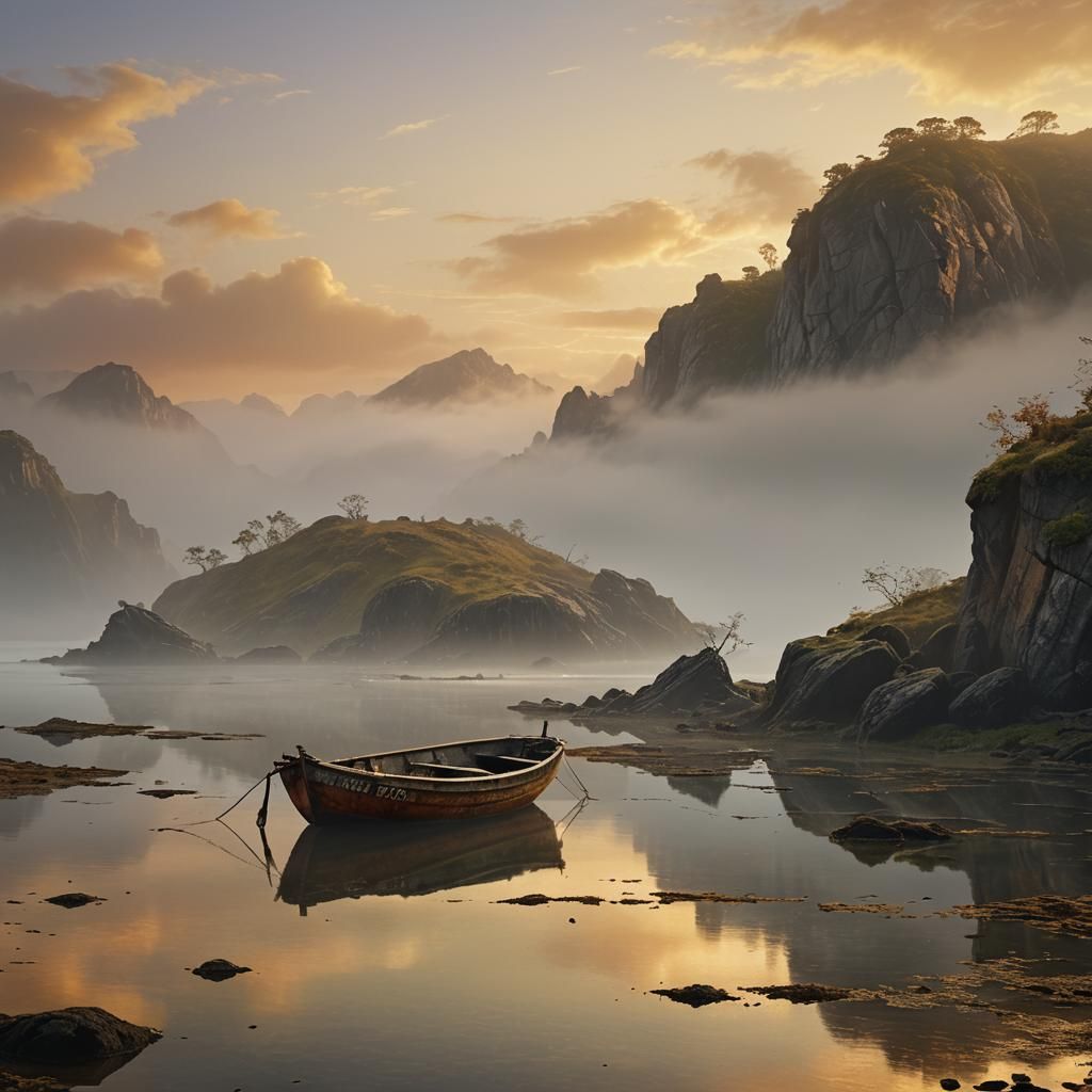 Abandoned Fishing Boat at Sunset: Hyperrealistic Digital Pai...