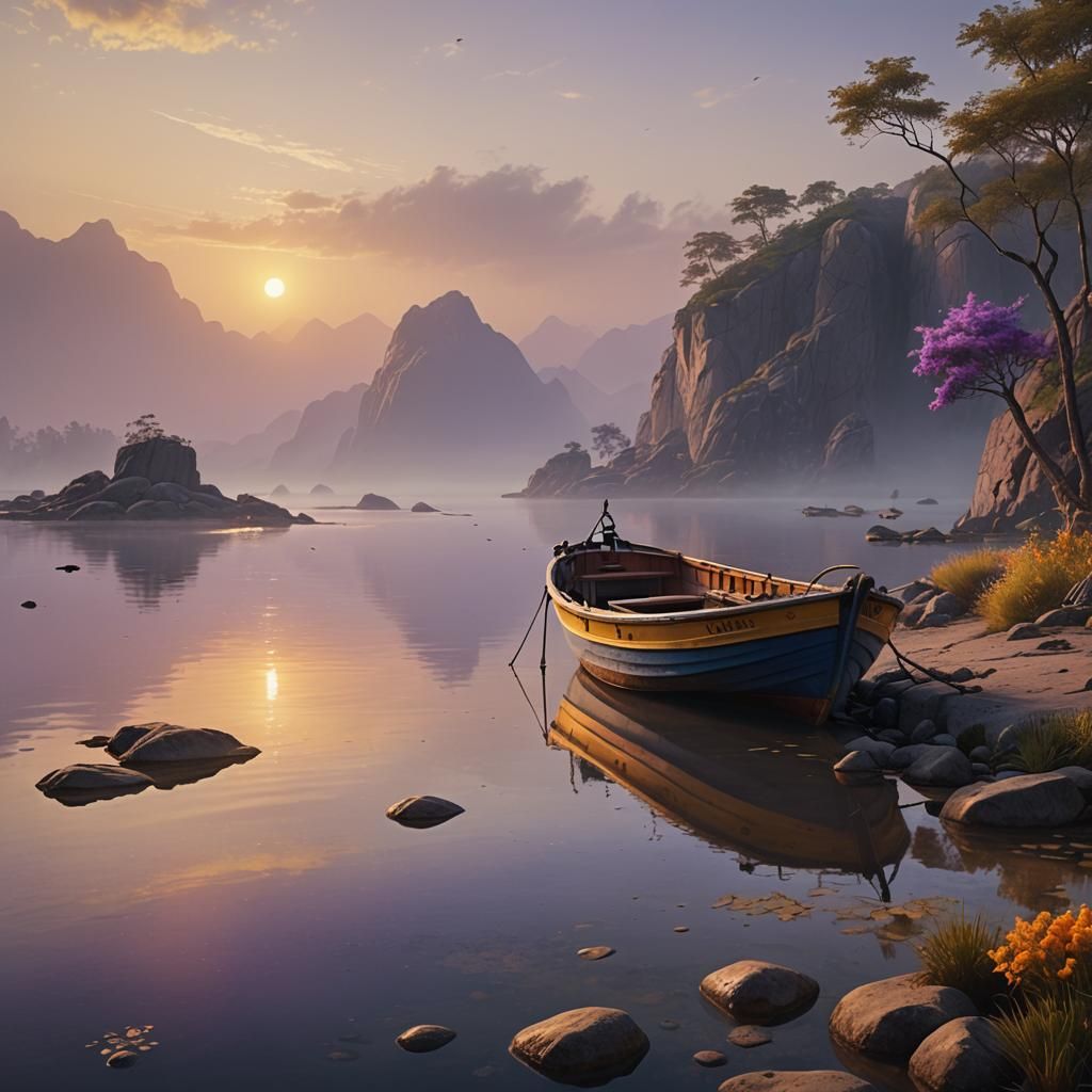 Fishing Boat on Lagoon Shore at Sunset