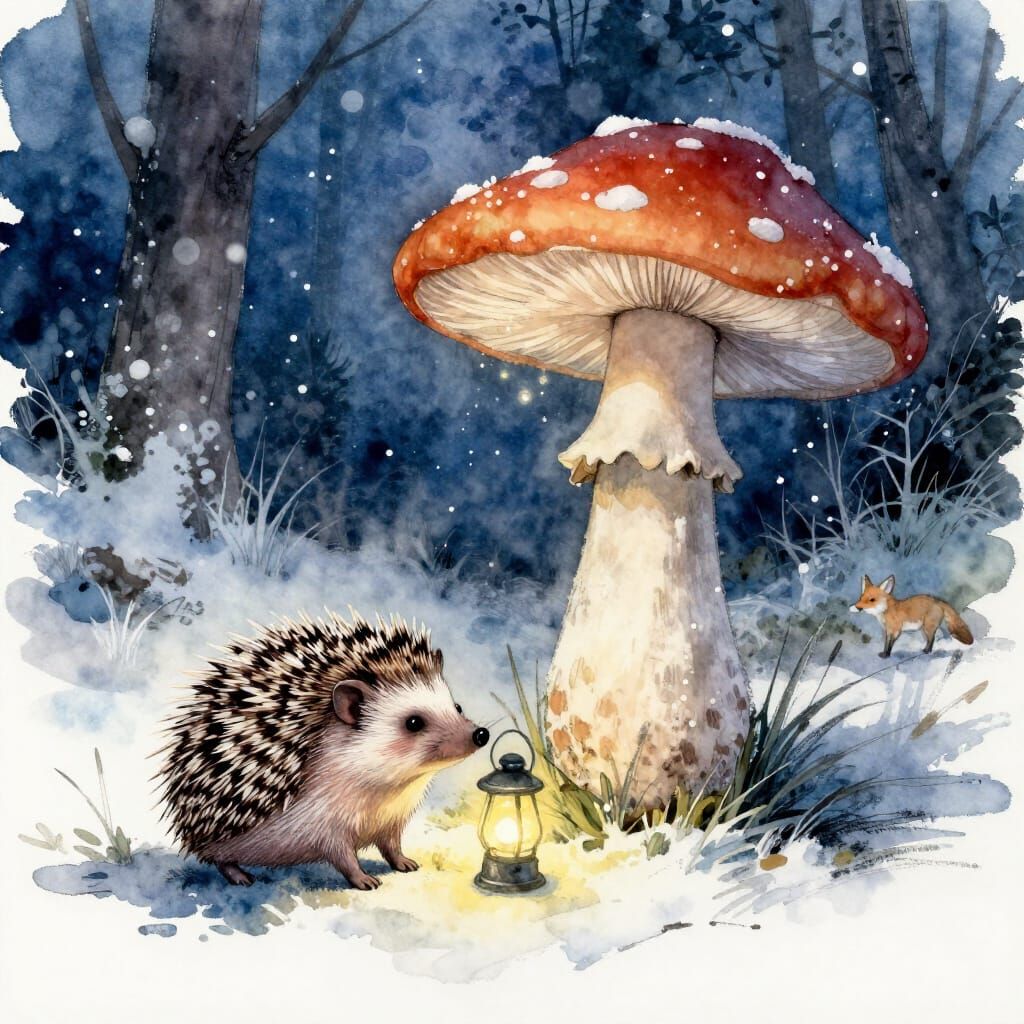 Hedgehog and Mushroom Spirit in Snowy Forest