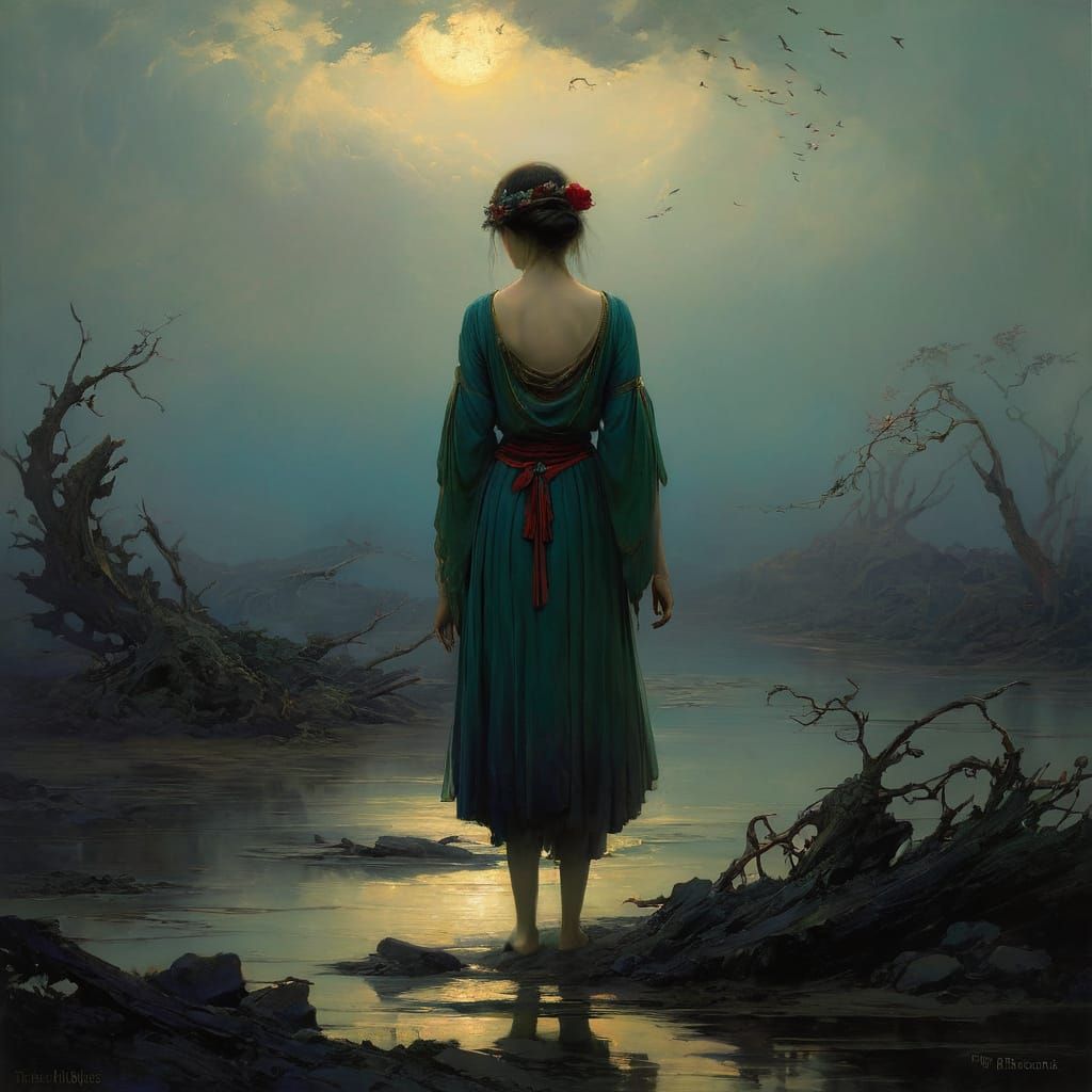 Love and Devastation Painting in Warwick Goble Style