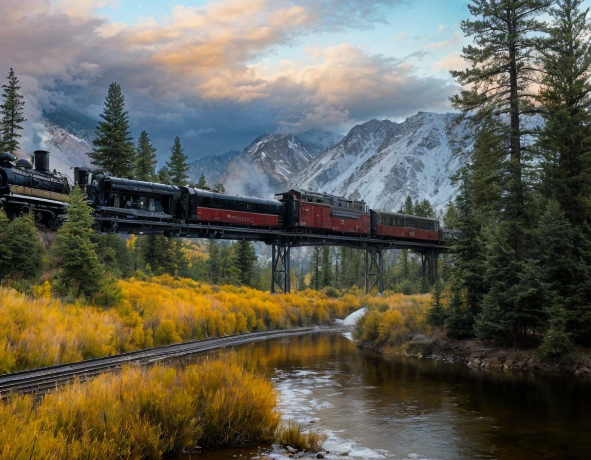 Steam Locomotive Crosses Mountain Bridge Over Colorado River