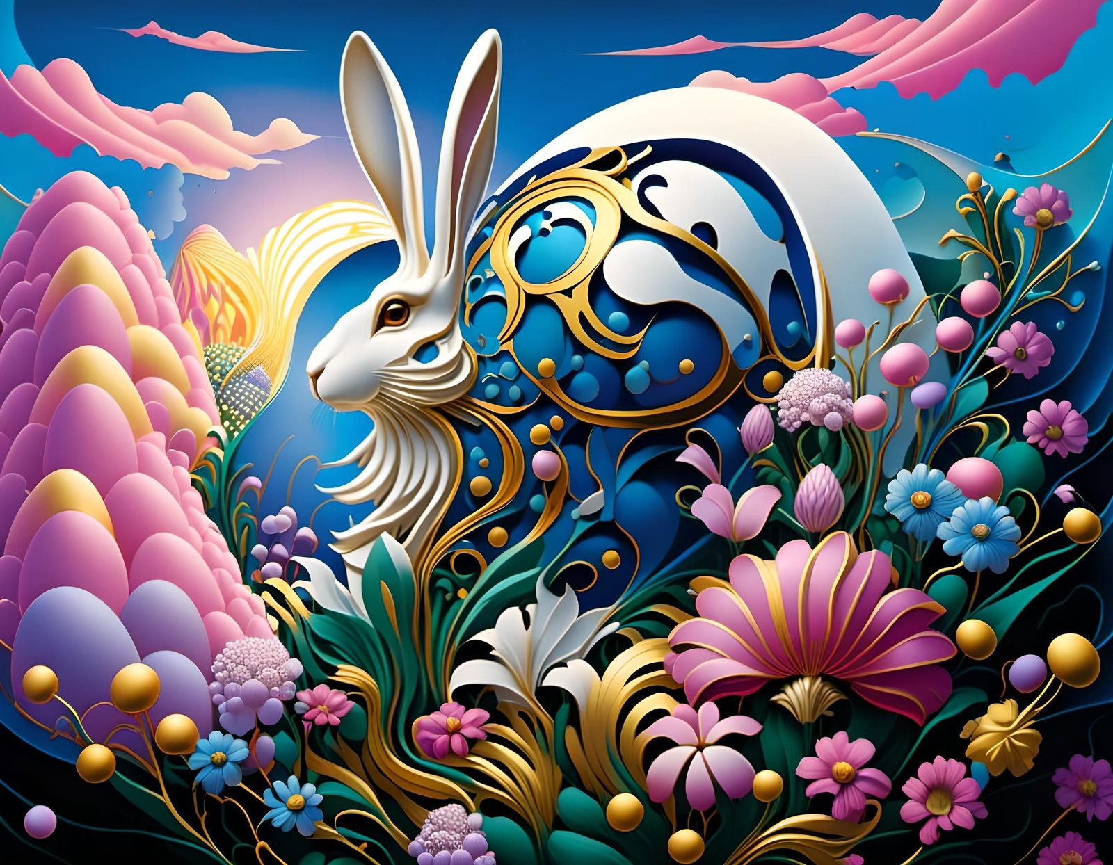 Ornate Easter Bunny with Faberge Eggs in Field