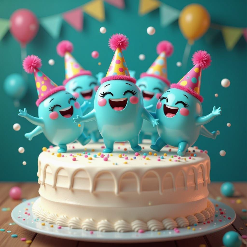 Microbes Celebrate on Birthday Cake in Whimsical Style