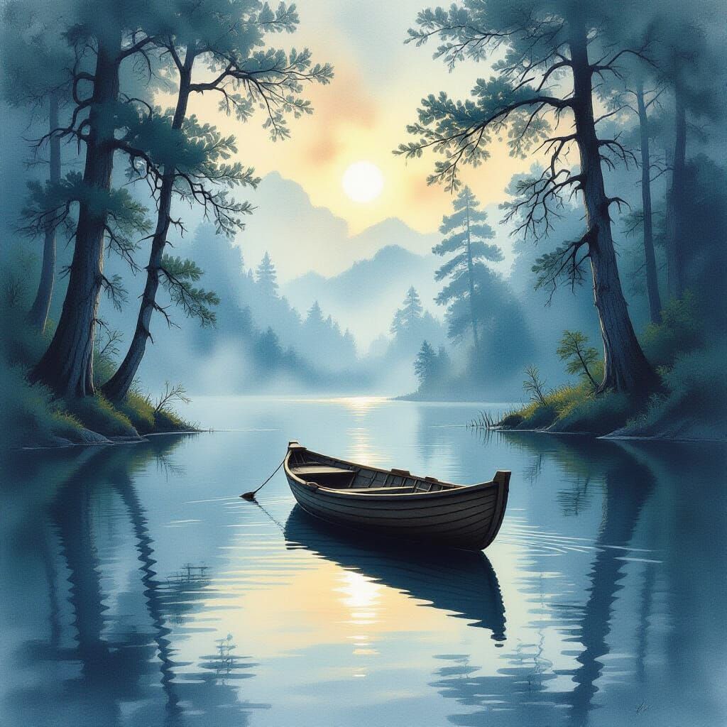 Lone Wooden Boat on Mist Lake in Ink and Watercolor Style