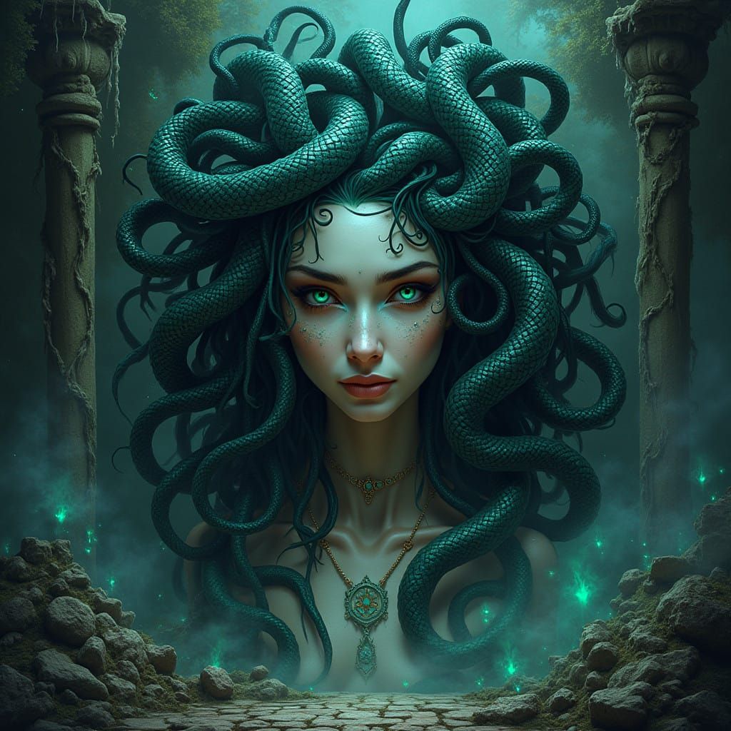 Dark Fantasy Medusa in Gothic, Surreal Landscape with Ancien...