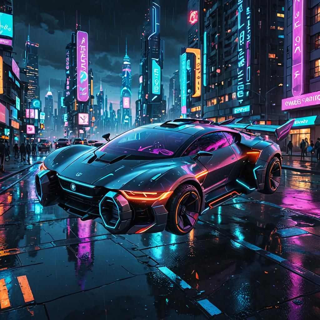Cyberpunk Flying Car Over Neon Cityscape