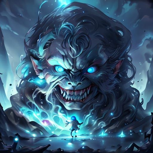 Gigantic One-Eyed Beast Illuminated in Dark Cave