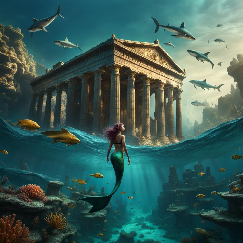 Mermaid's Underwater Adventure Among Greek Ruins