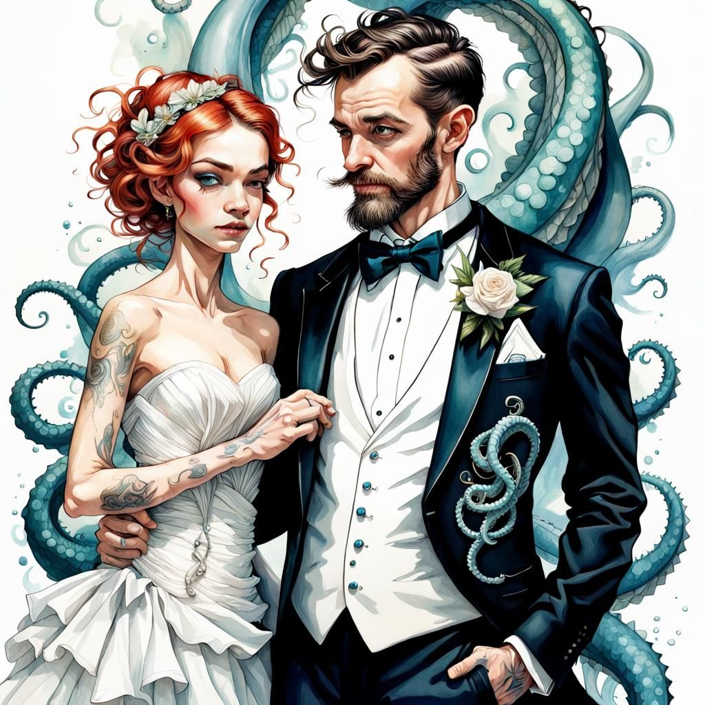 Kraken Best Man at Wedding: Watercolour Ink Art