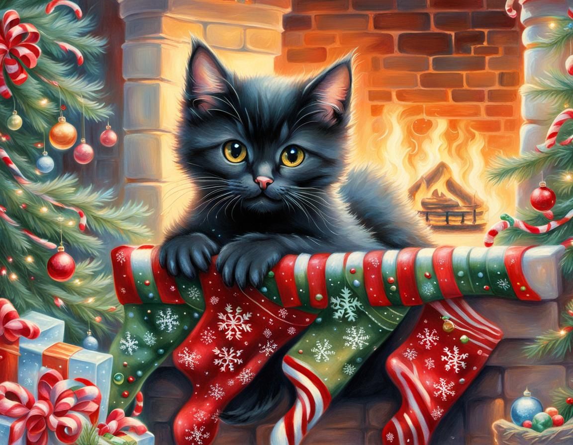 Cute Kitten in Stocking: Ethereal Christmas Fantasy
