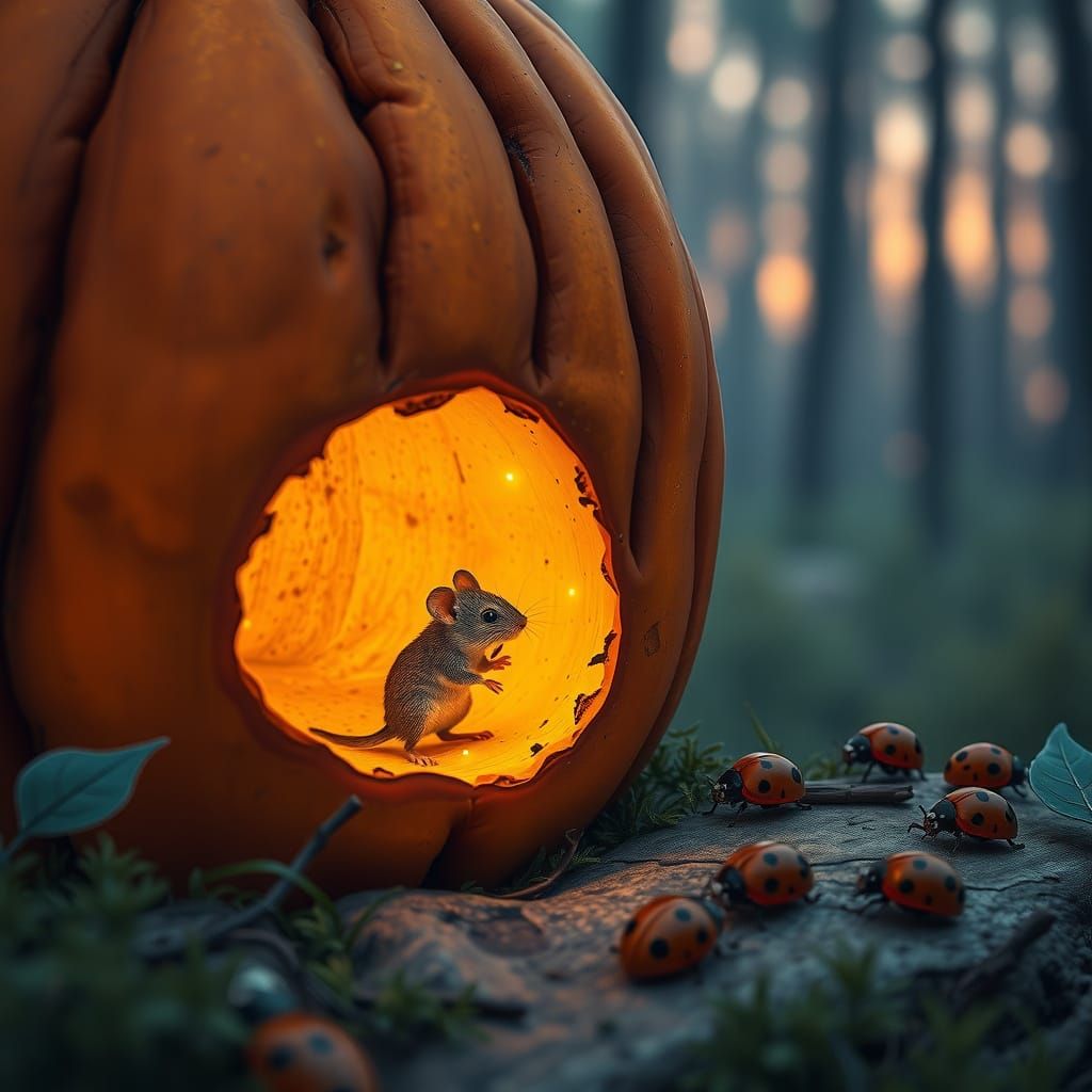 A  scene of a cozy  hole within a giant, hollowed-out pumpki...