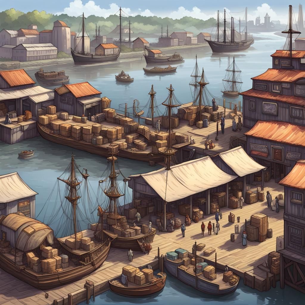 Bustling Riverfront Quay in D&D Art Style