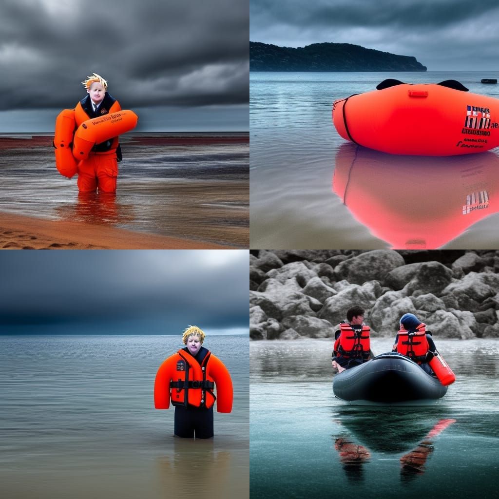 Hyperrealistic Image of Man on Beach in Lifejacket
