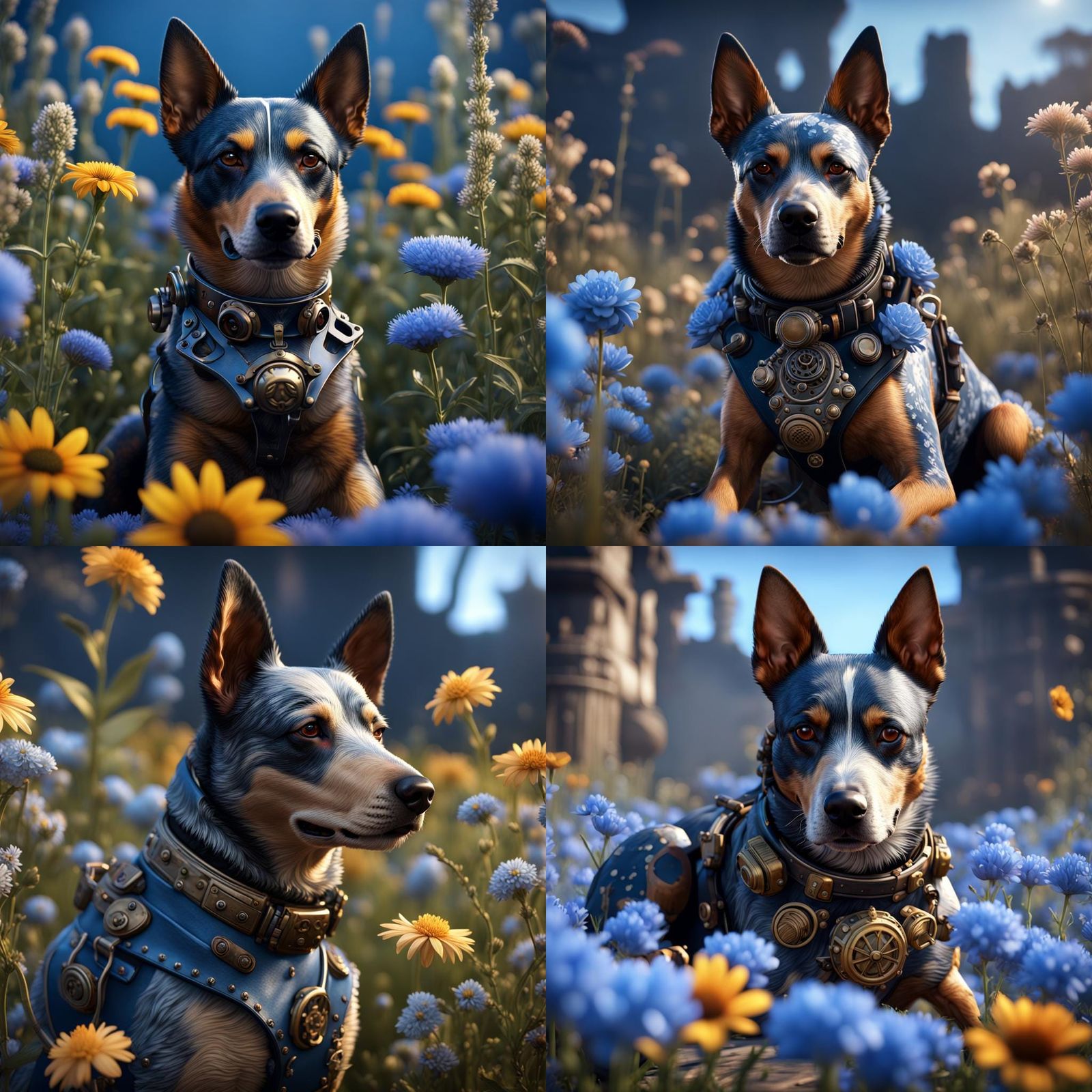 Steampunk Cattle Dog in Blue Flowers