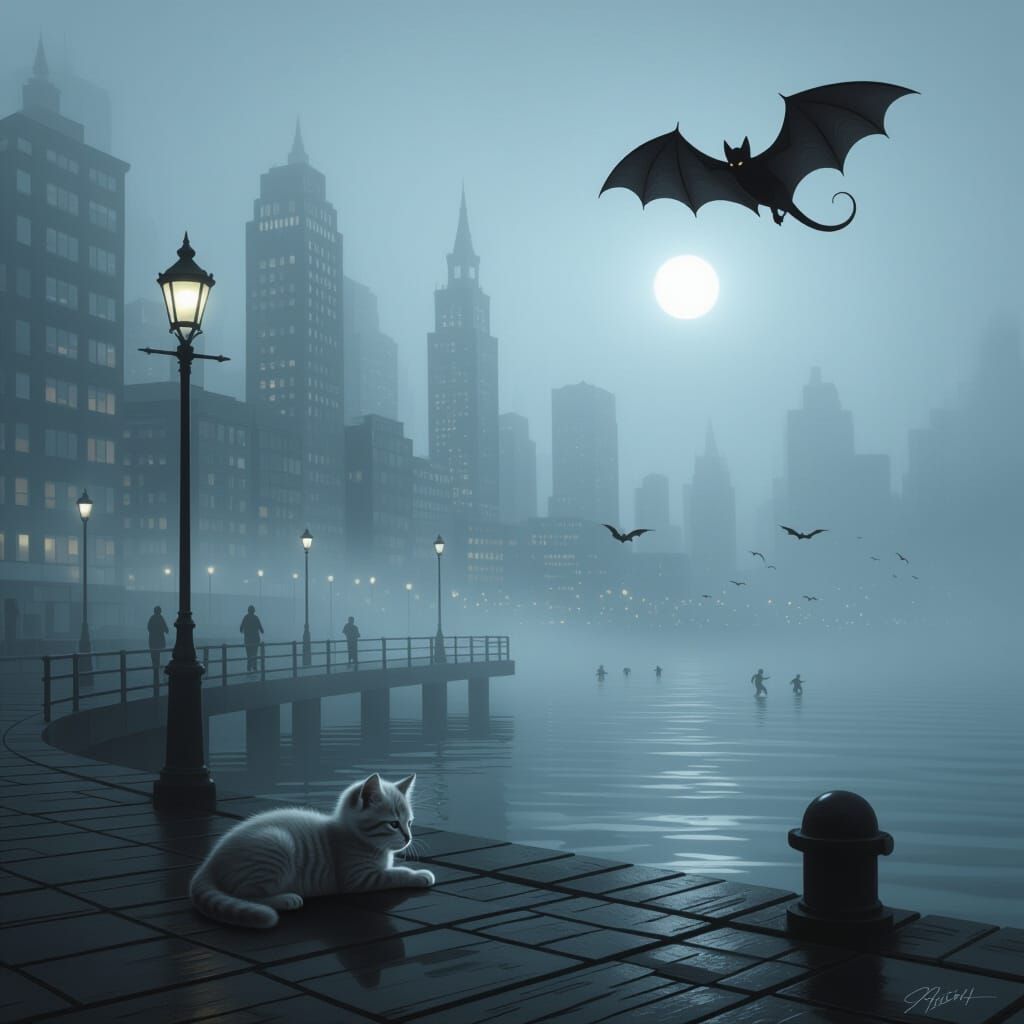 Foggy Cityscape with Kitten and Mysterious Runners