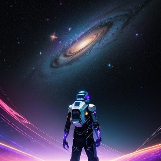 Musical Characters Float in Neon Galaxy