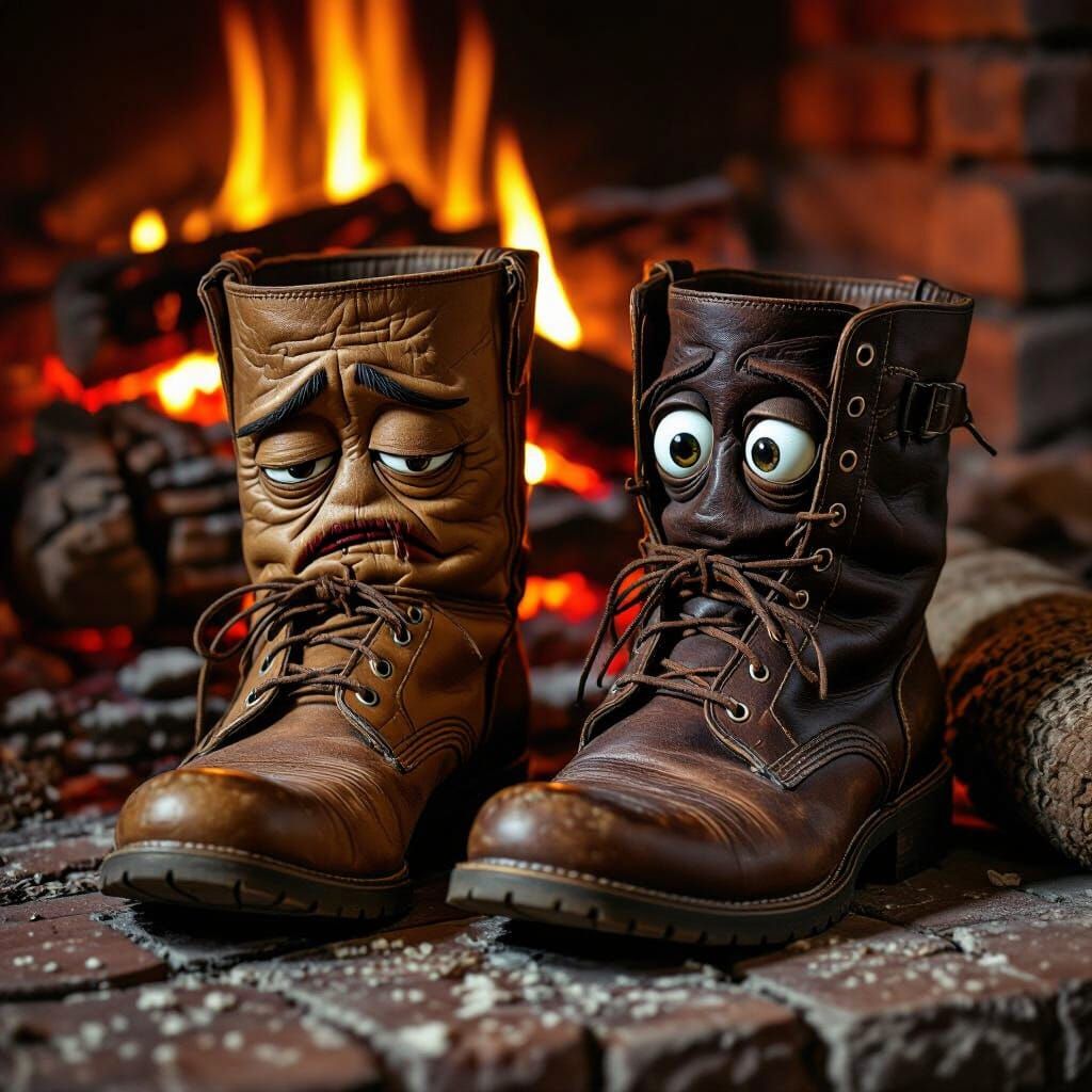 A pair of worn leather boots, one with a sleepy, downturned ...