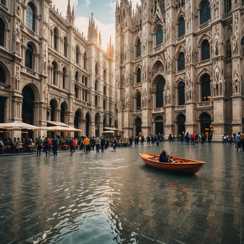 Floating Sailboat in Piazza Duomo, Photorealistic Style