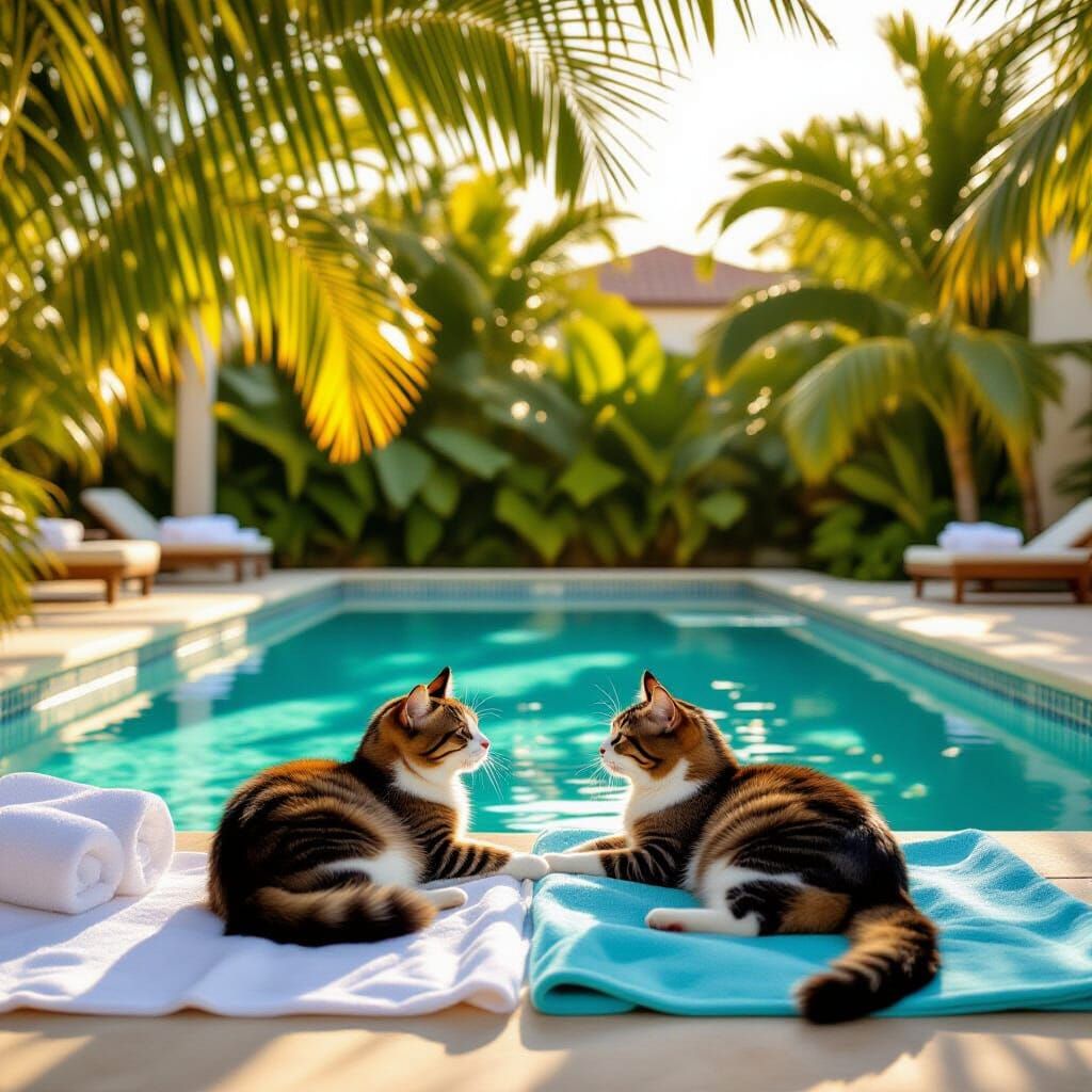 Cats Playing by Pool in Golden Hour Lighting