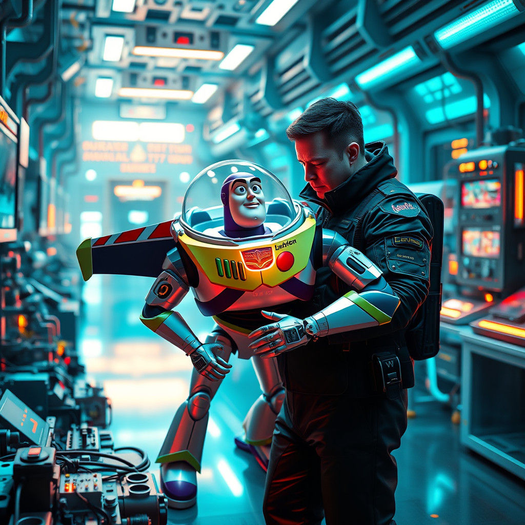 Elon Musk Crafts Advanced Buzz Lightyear in Futuristic Lab