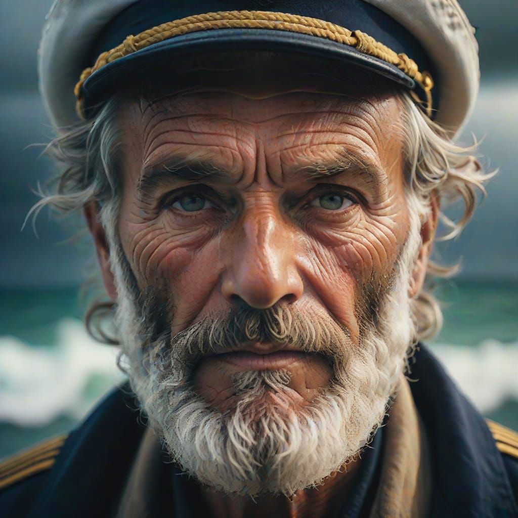 Weathered Sailor's Portrait in Cinematic Stormy Seascape
