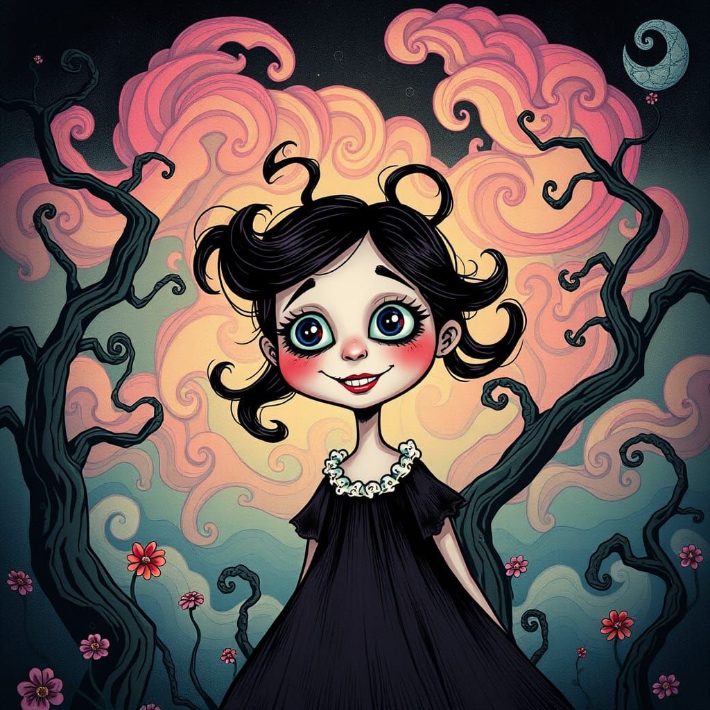 Whimsical Girl in Darkly Playful Cartoon Landscape