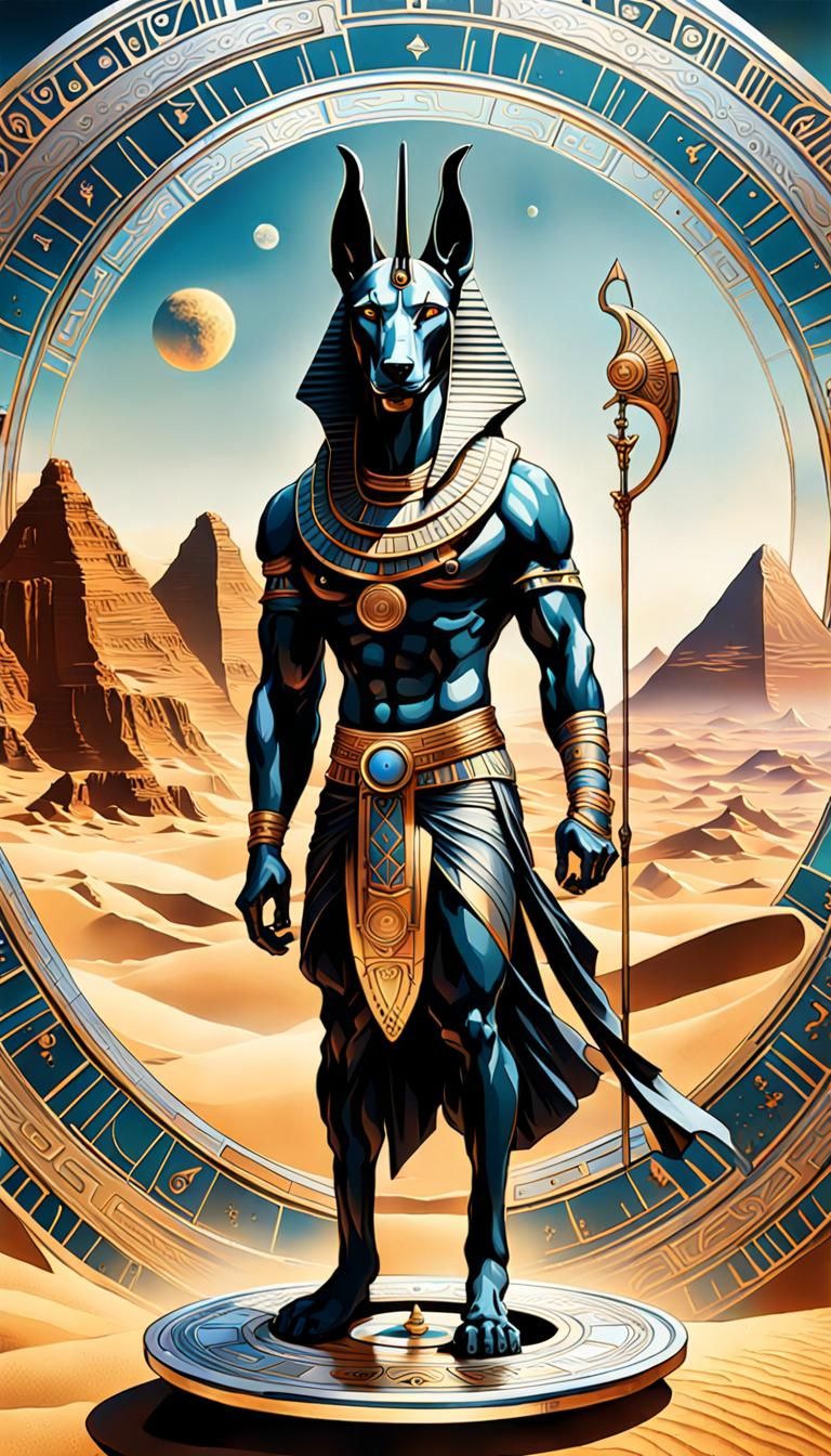 Anubis on Silver Disc in Art Nouveau Style