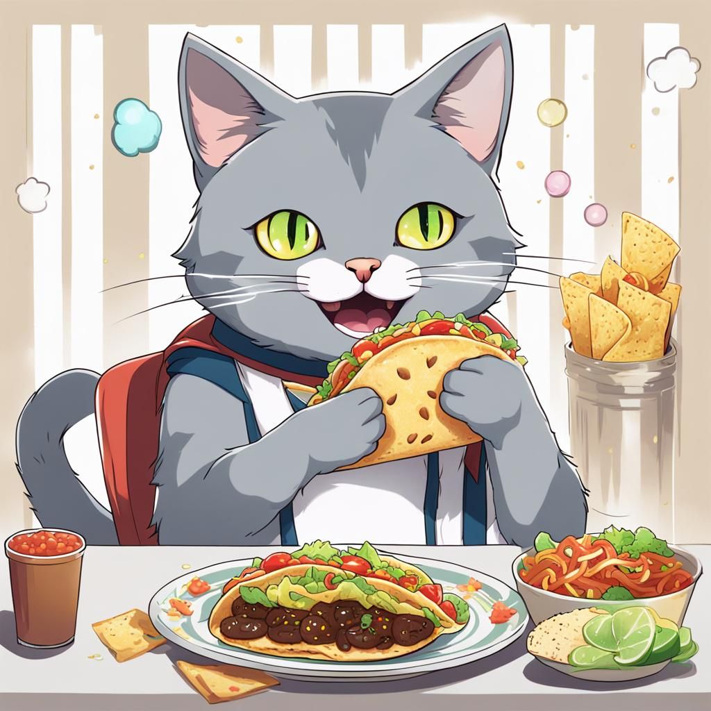 Grey Cat Enjoys Taco in Anime Style