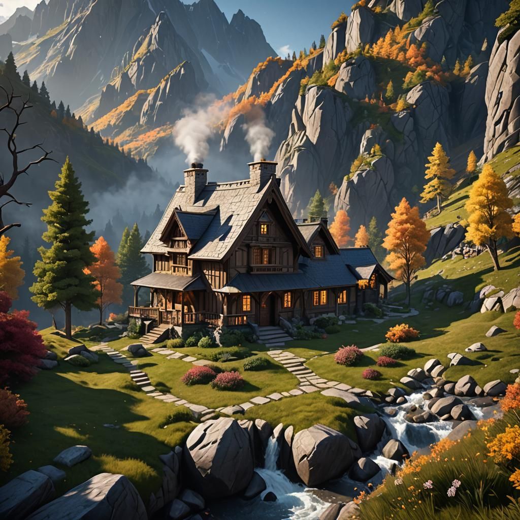 Mountain House with Fireplace: Detailed Matte Painting