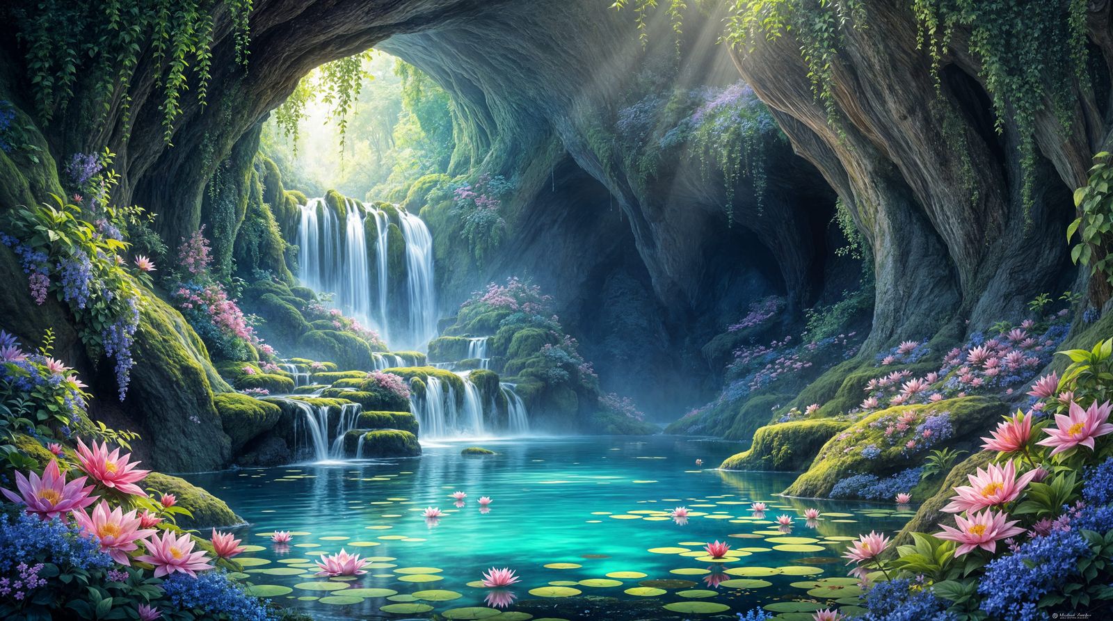 Dreamlike Enchanted Forest Grotto in Vibrant Hyperrealism