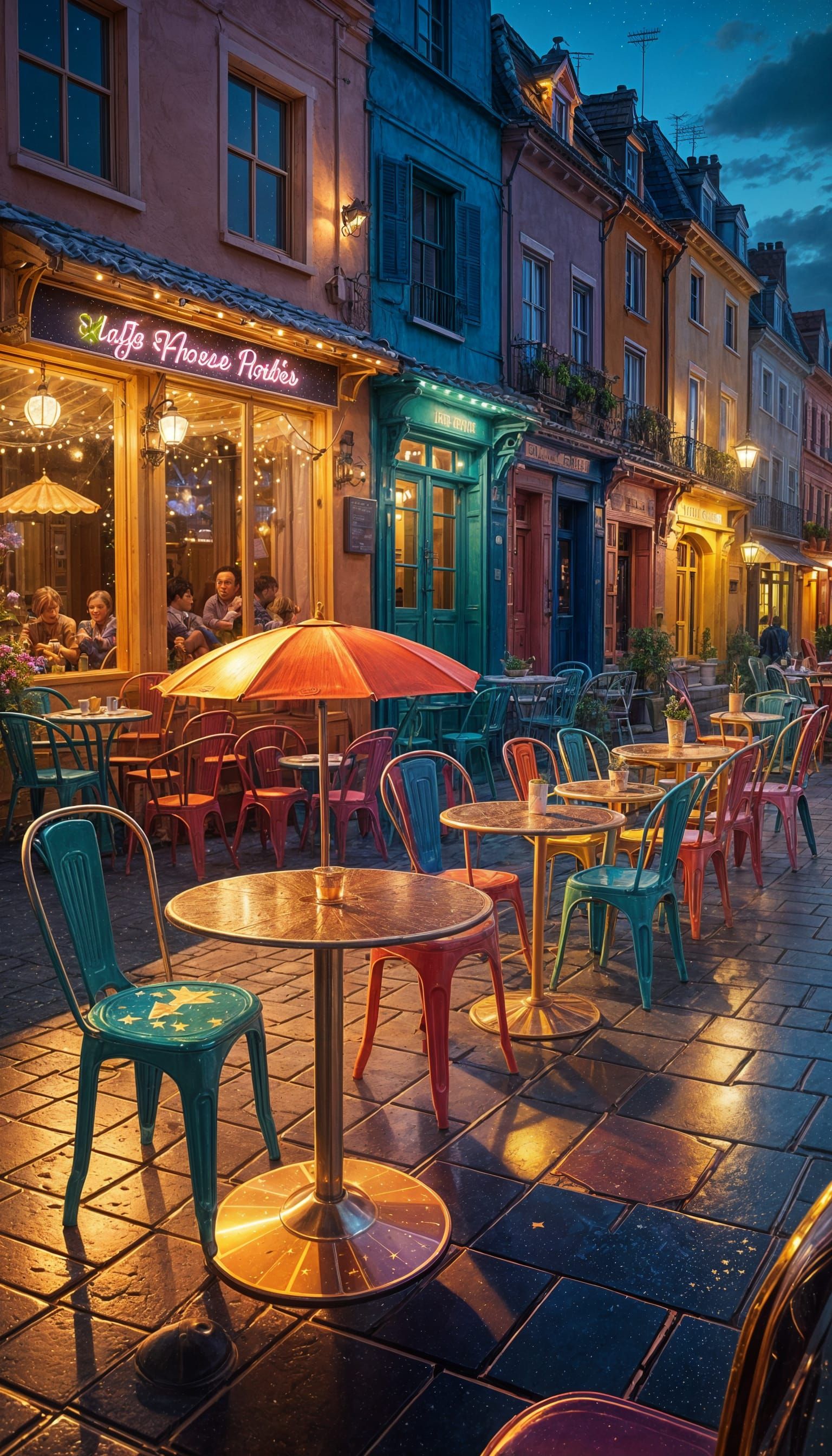 Neon Cafe Scene in Vibrant Polyester Style