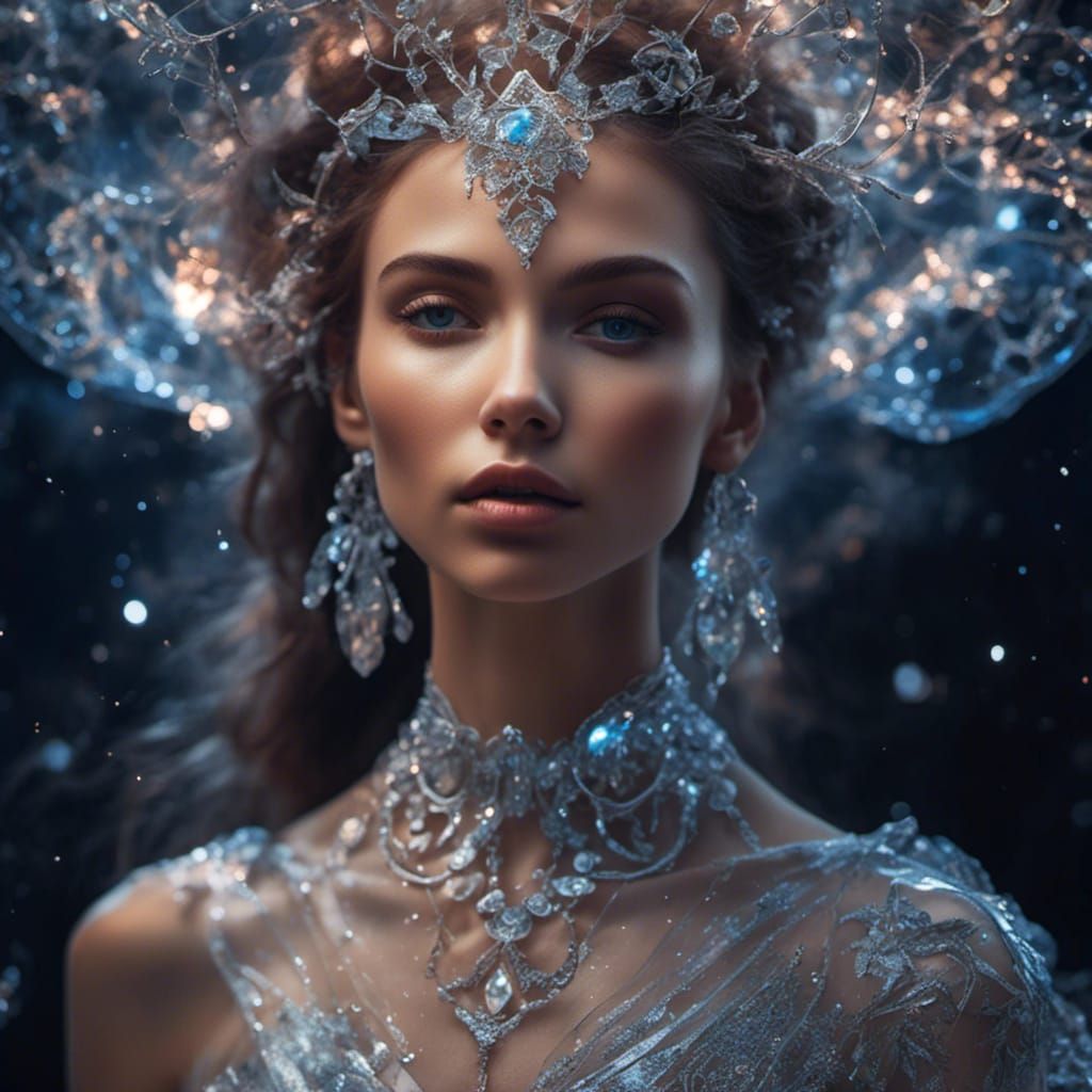 Woman in Transparent Glass Dress Under Night Sky