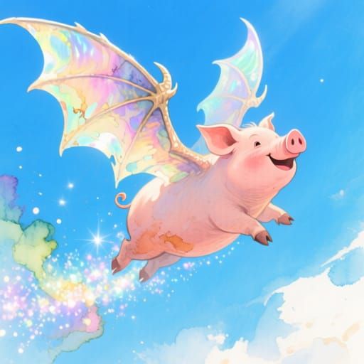 Cheerful Pig with Dragon Wings Flies in Sunny Sky