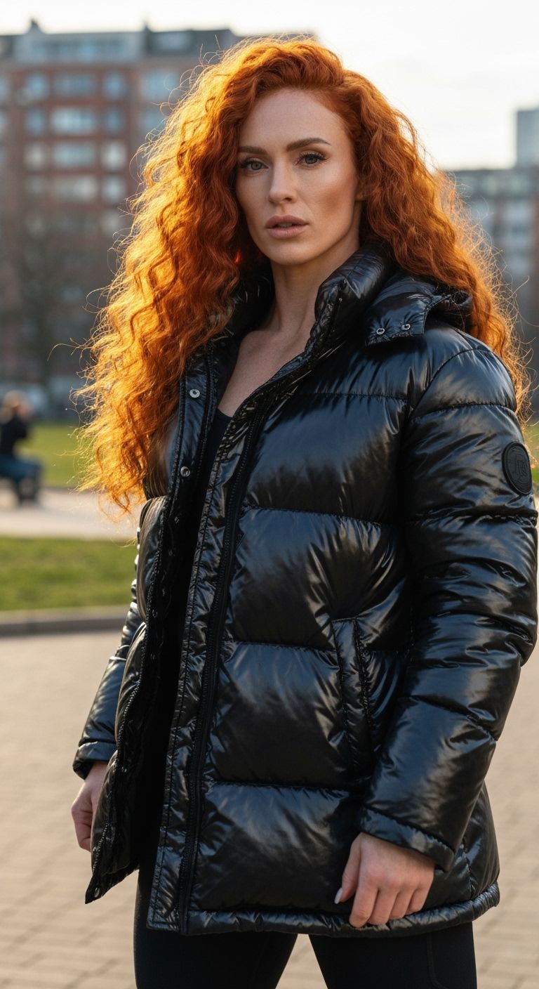 Red Haired Bodybuilder in Shiny Black Puffer Coat