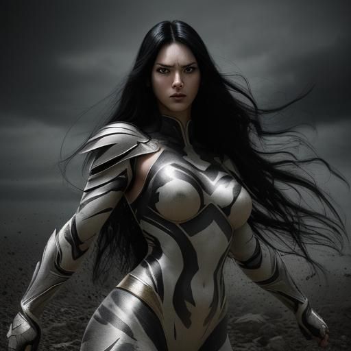 Hyperrealistic Super Woman in Tiger Camouflage Armor