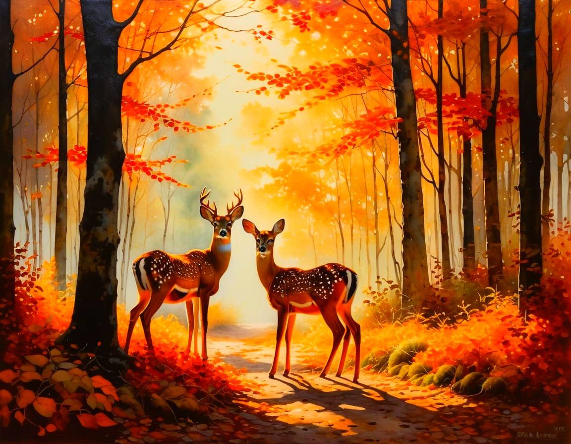 Impressionist Fawns in Autumn Forest Landscape