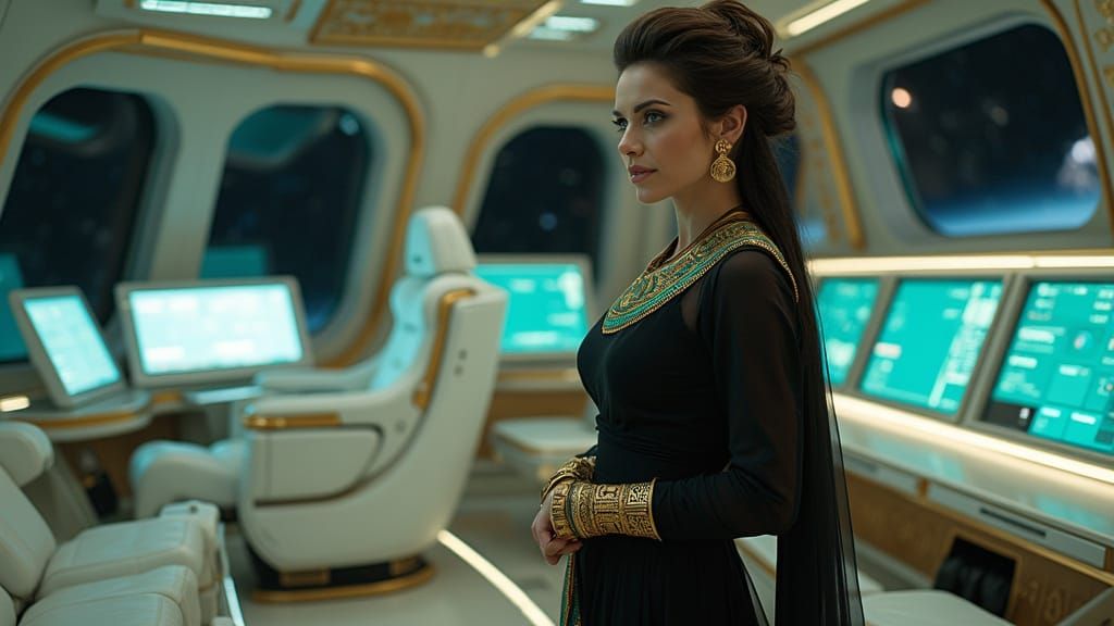 Regal Egyptian Space Queen in Futuristic Command