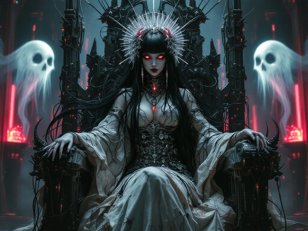 Gothic Cyborg Geisha on Metal Throne, Dark Fantasy Art