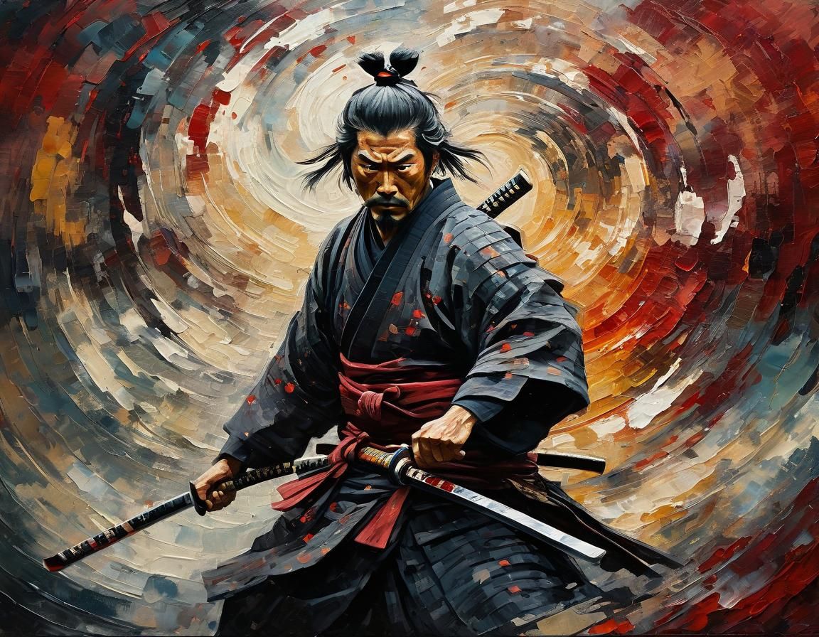 Samurai in Abstract Vortex: Neo-Impressionist Oil Painting