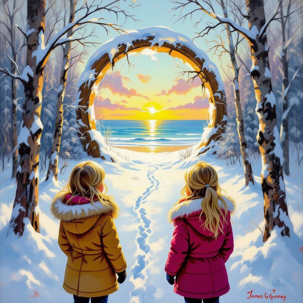 Winter Portal to Summer Beach in Impressionist Style