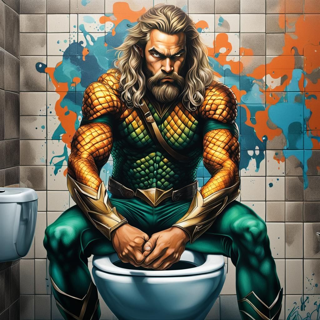 Aquaman on Toilet in Public Restroom: Hyperrealism