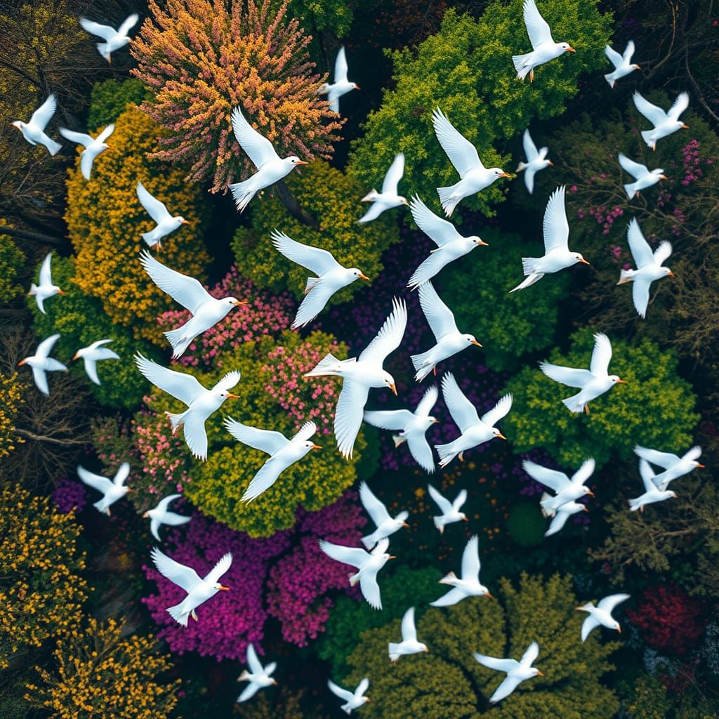 Birds in Flight Above Vibrant Spring Forest