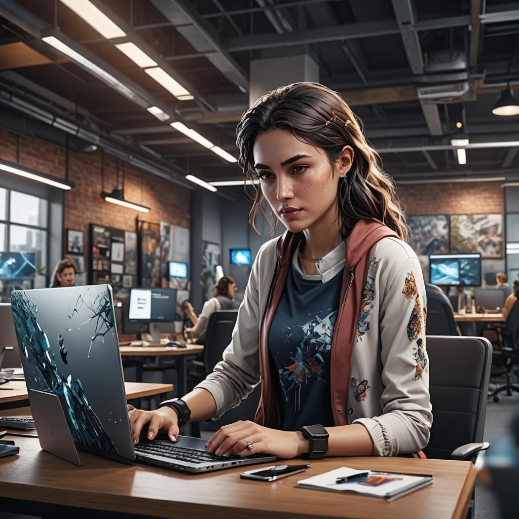 Girl in Open Office: Detailed Matte Painting
