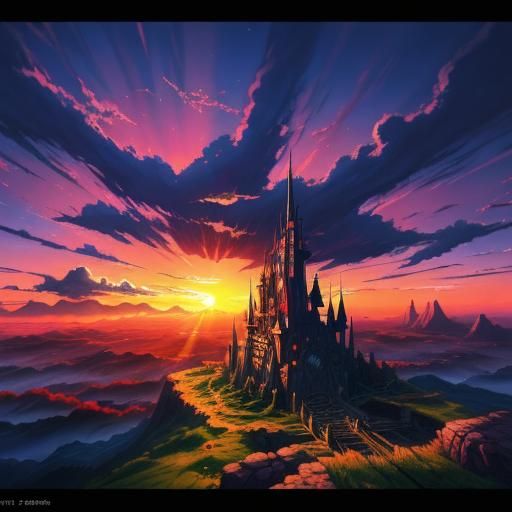 Fantasy Sunset in Anime Style, Cel-Shaded