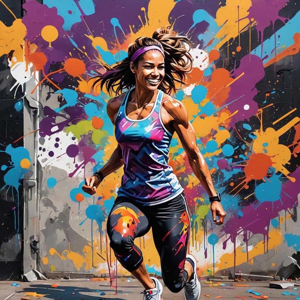 “A fit woman in sleek athletic wear, with a confident smile ...