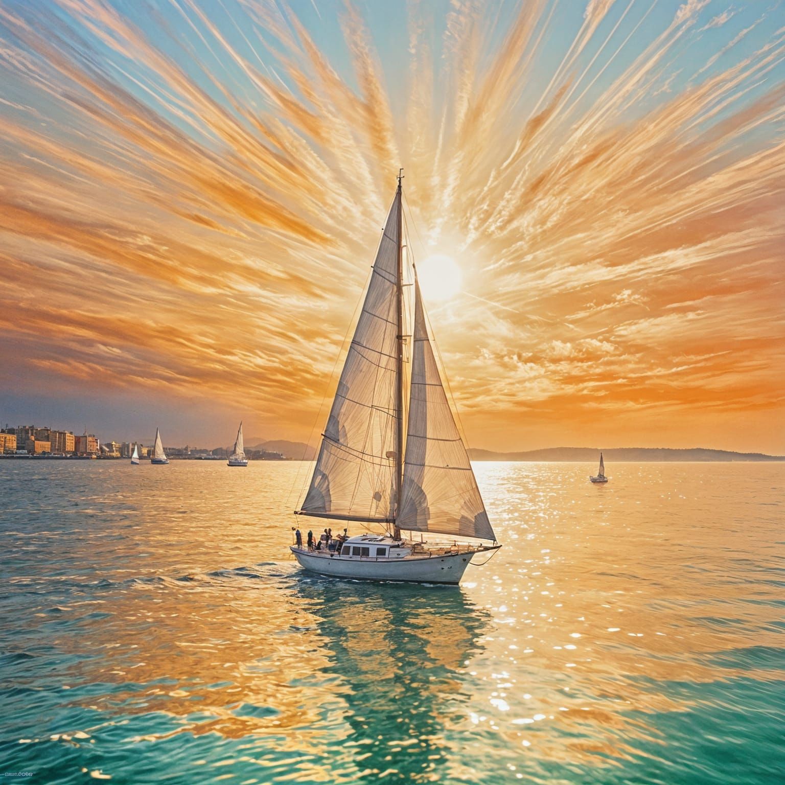 Sailing Boat at Sunset on Sparkling Summer Sea