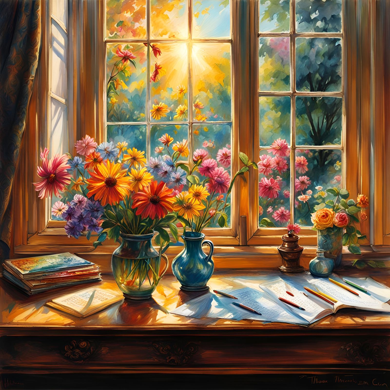 Crayola Crayons with Flowers in Luminist Style